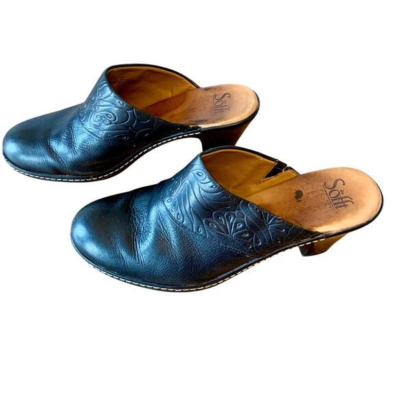 Sofft Clogs Mules Women's 10 Black Leather Slip-On Heel Embossed Casual - Picture 1 of 16